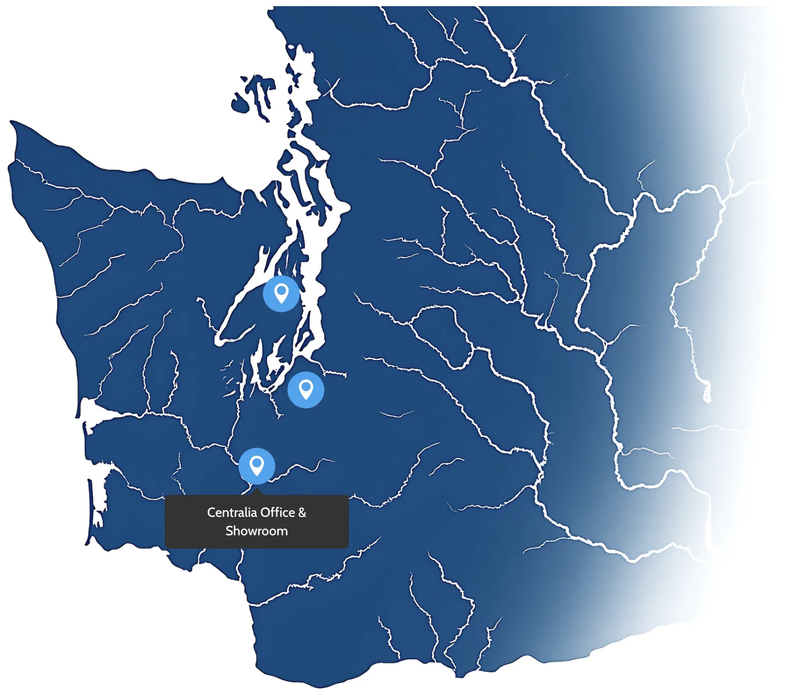 Map of WA with pins, showing Centralia, WA
